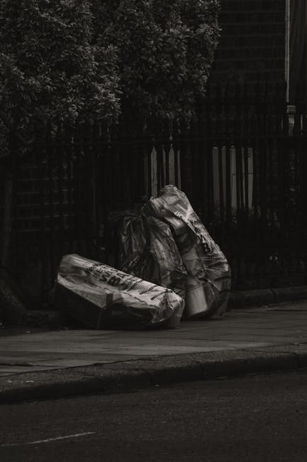 Two large black plastic garbage bags and a cardboard box filled with waste are positioned on the pavement in front of a dark metal fence and a dense hedge of foliage. The bags appear full, with some bulging and tied at the top, and the cardboard box shows printed text and images indicating it previously contained household or retail items. The setting is outdoors, likely on a residential street, with a concrete sidewalk and roadway visible in the foreground. The scene is captured under natural lighting conditions, highlighting the texture of the plastic bags and the rough surface of the cardboard packaging. This image, linked to waste clearance services, exemplifies typical rubbish that may be collected via private or independent waste removal, contrasting with municipal curbside collection. The environment suggests an area where waste is temporarily left for pickup, aligning with the services of Waste Clearance Swiss Cottage for rubbish removal from flats and shops in the SWISS COTTAGE area.